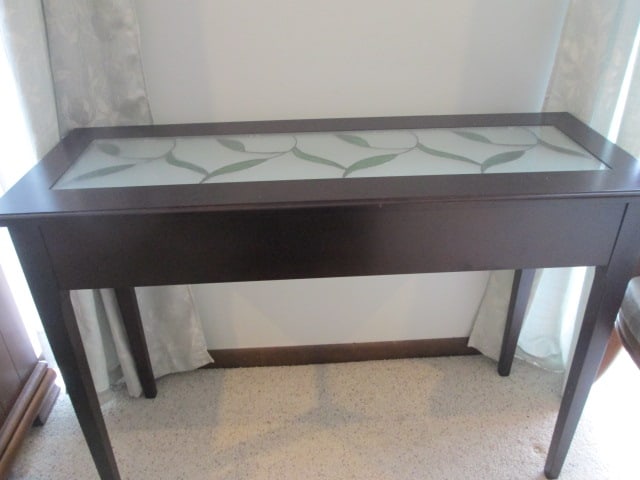 Wood Console Table with Stained Glass Style Panels: 42" x 16" x 30", leaf design panels, Local Pickup Only