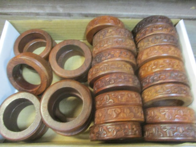 Eighteen Carved Wood Napkin Rings and Ten Plain Wood Napkin Rings.: .