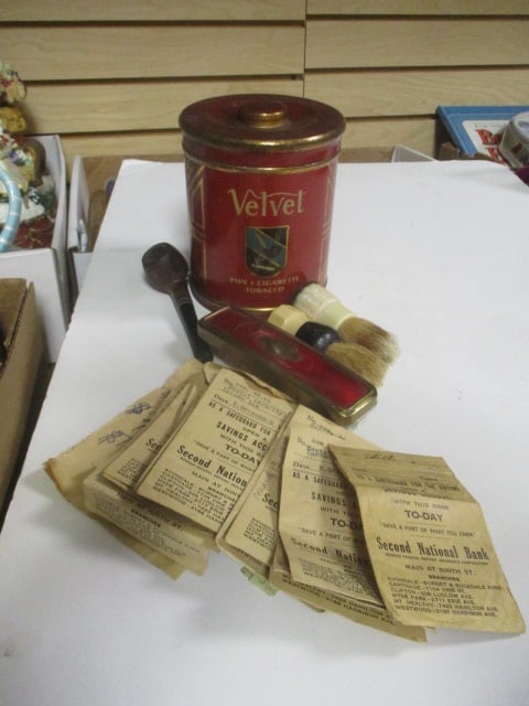 Vintage Velvet Pipe & Cigarette Tobacco Tin, Tobacco Pipe, 3 Shaving Brushes,: and Savings Account Envelopes