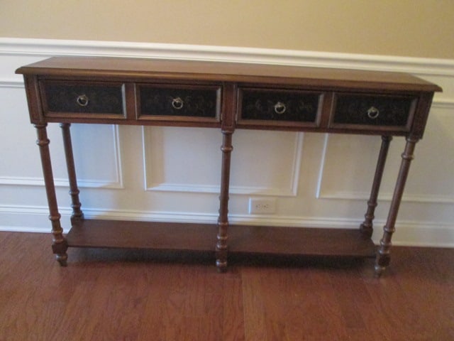 Fengrui Furniture Co. 2 Drawer Black/Brown Console Table: 58" x 11" x 34", two drawers and undershelf, turned legs, Local Pickup Only