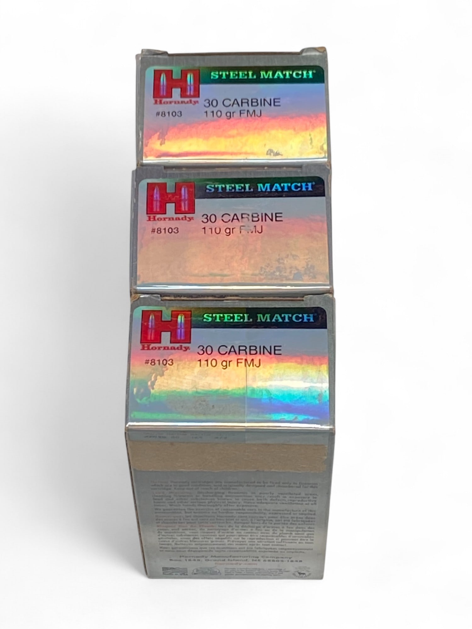 NIB 150rds. of 30 Carbine 110gr. FMJ Hornady Steel Match Ammunition: New in Box