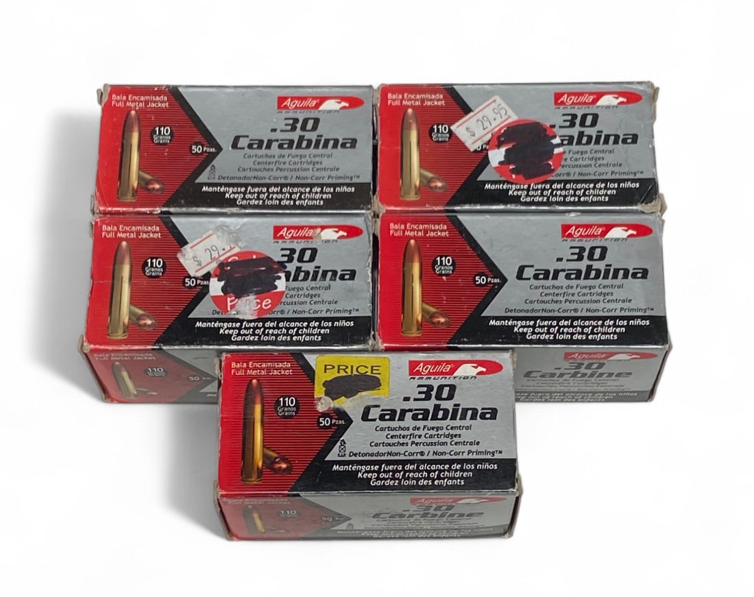 NIB 250rds. of 30 Carbine 110gr FMJ Aguila Ammunition: New in Box