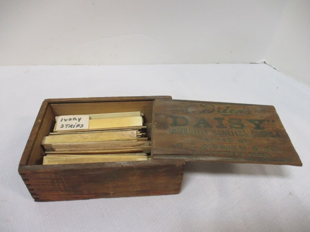 Vintage Wooden Storage Box, O'Brien's Daisy Absolutely Boneless Codfish.: Box of Ivory Strips, Looks Like from Piano Keys . 6 x 4 1/4 x 2 1/2''.