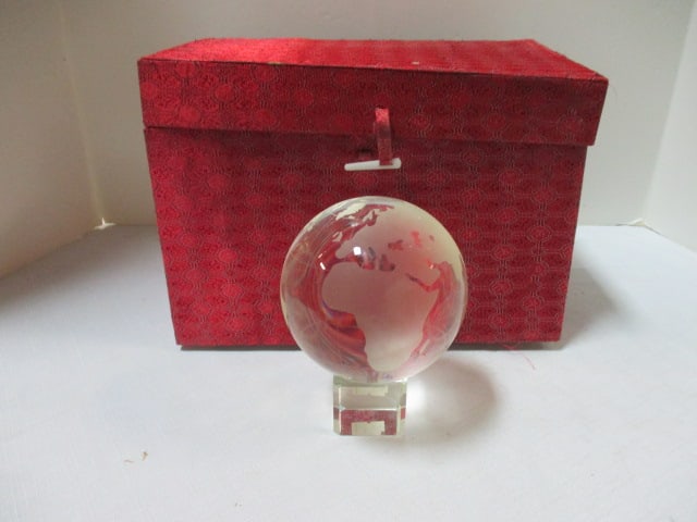 Heavy Large World Paperweight Ball with Base in Original Box.: Ball 5'' Round.