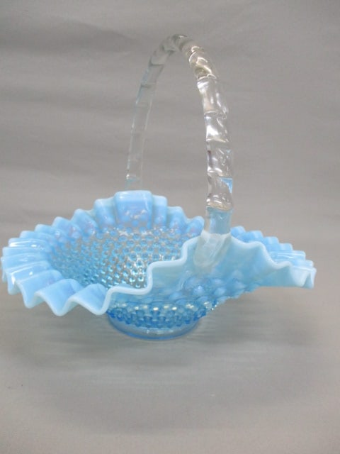 Fenton Blue Opalescent Hobnail Basket  10" x  9 1/2" (1 of 6)