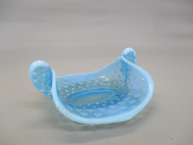 Fenton Blue Opalescent Hobnail Bon Bon Dish: Closed Handles 5 1/2" x 2 1/2"