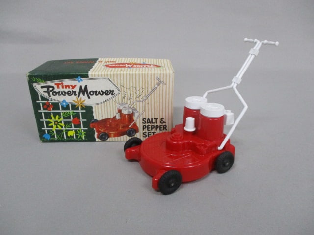Vintage Plastic Tiny Power Mower Salt & Pepper Shaker: In Original Box