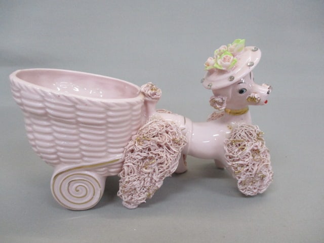 Lefton Pink Spaghetti Poodle & Cart Planter: 8" x 5"