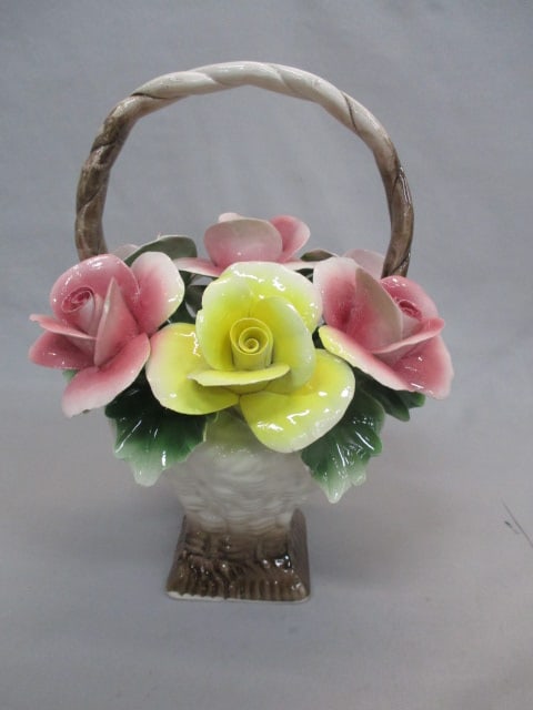 Nuova Capodimonte Porcelain Roses Basket Made in Italy: 10" Has chipped flower