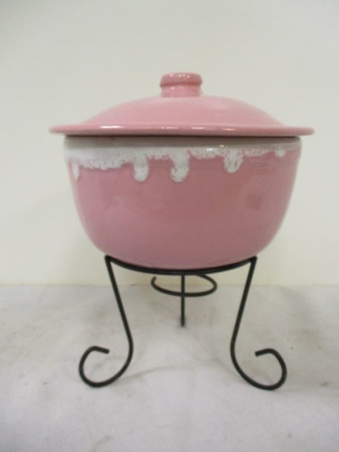 Pink with White Glaze Baking Dish with Lid and Stand. (1 of 7)