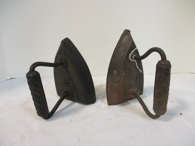 Two Cast Iron Sad Irons with Handles. On Top Number 6 and 6 with Star.: 6'' Long