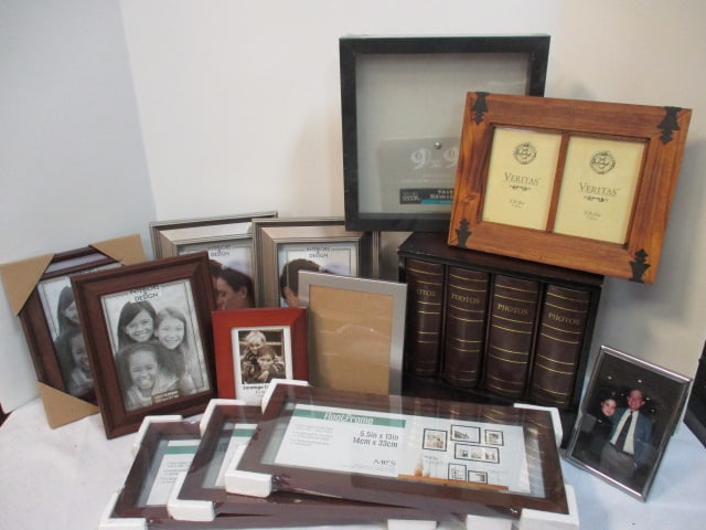 Box Lot of New and Used Picture Frames and One Shelf with Pull Out Albums.: See Pictures