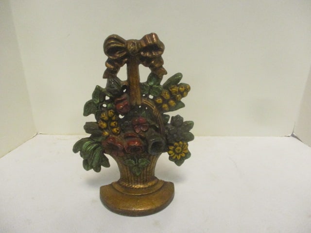 Flower & Fruit Basket Cast Iron Collectible Door Stop: 10"