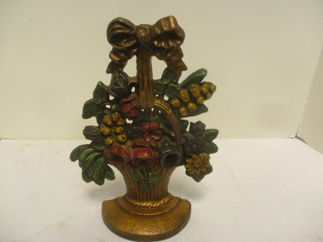 Flower & Fruit Basket Cast Iron Collectible Door Stop: .