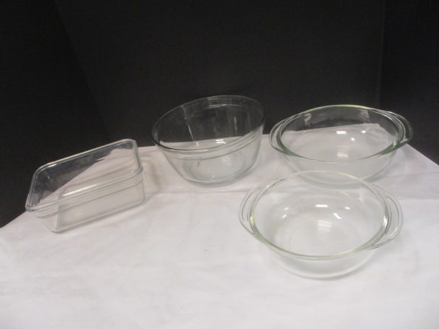 Anchor Hocking Bowl, 2 Pyrex Casseroles, Glaslock Casserole: .