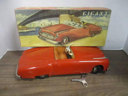 Vintage JNF "Gigant Packard" Wind-Up Metal Toy Car with Key in: Original Box, 12", in Original Red