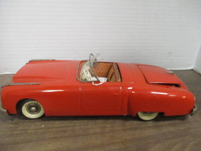 Vintage JNF "Gigant de Luxe" Metal Battery-Operated Toy Car: 12", in Original Red and with Cardboard Suitcase