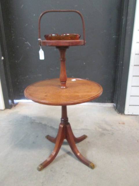 Duncan Phyfe Mahogany 2 Tier Smoking Stand with Brass Cap Feet: 14"dia x 27"h(top of folding handle up), amber glass ash tray, per consigner tag circa 1936, Local Pickup Only