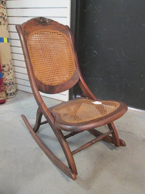 Antique 1880s Walnut Folding Nursing Rocker with Caned Seat and Back (1 of 9)