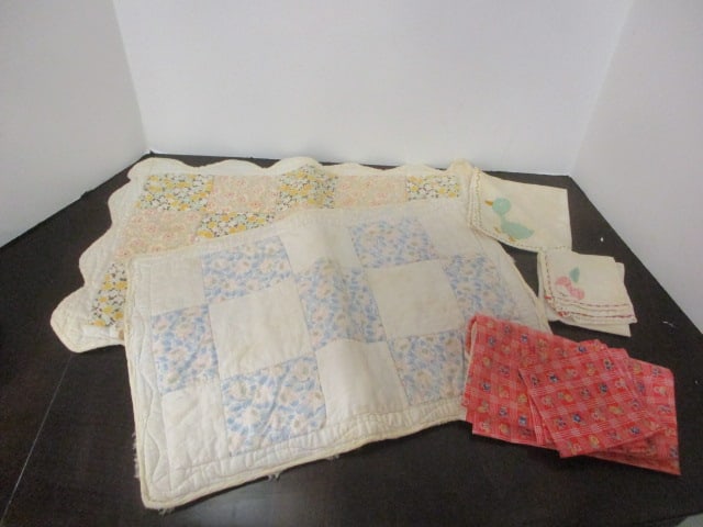 Antique Hand Made Baby Quilts, Child's Table Cloth and Napkins and: Three Embroidered Handkerchiefs with Appliques
