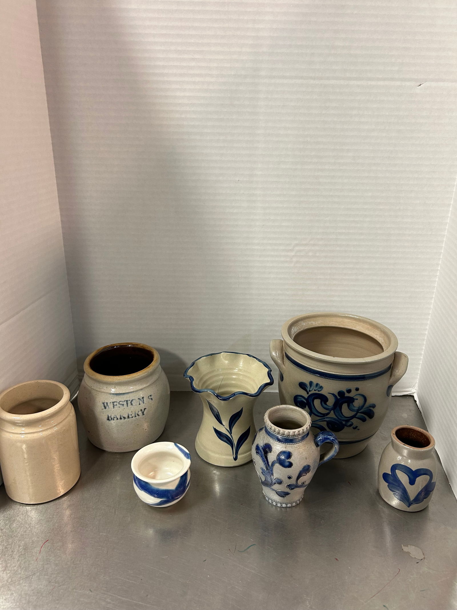 Blue/White Stoneware Pottery Vases and Crocks: .
