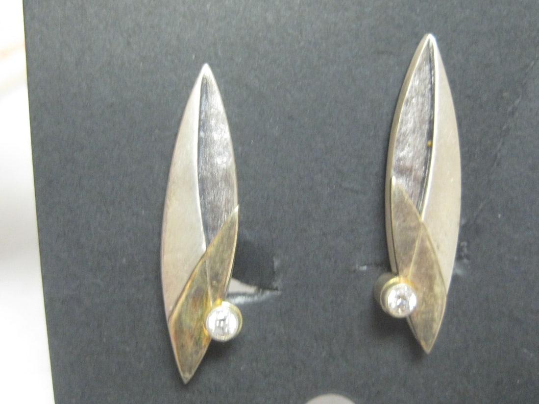 14k Gold and Sterling Silver Diamond Artisan Clip Earrings: .