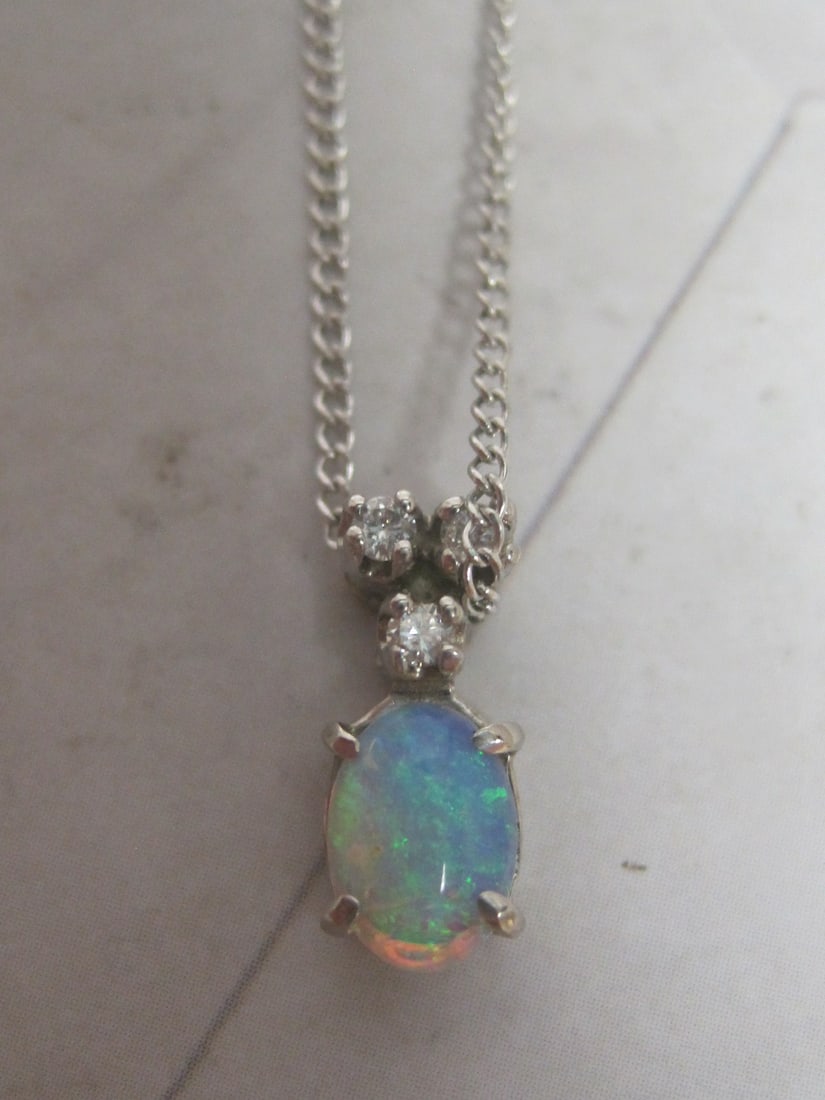 14k White Gold Diamond and Opal Pendant on 14 1/2" Chain (1 of 5)
