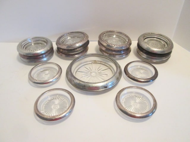 Large Grouping of Sterling Rimmed Crystal Glass Coasters and Bottle Coaster (1 of 14)
