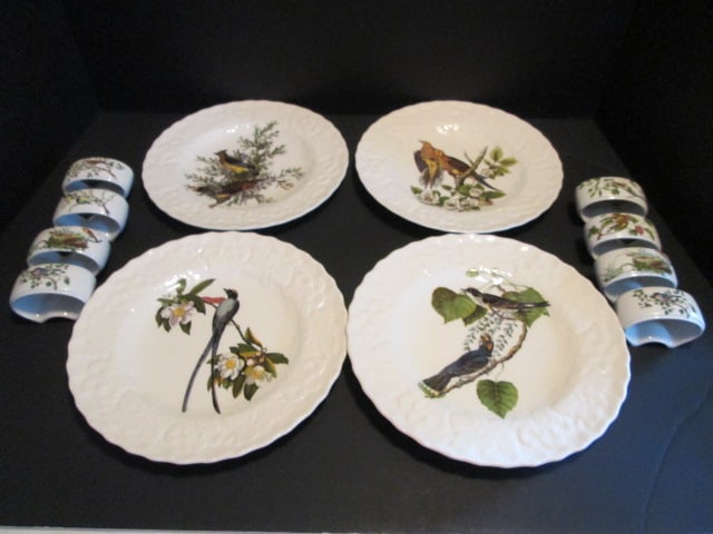 Eight Portmeirion "Birds of Britan" Napkin Rings and Four Alfred Meakin "Birds of America": by National Audubon Society Plates. Plates 8"dia-some crazing
