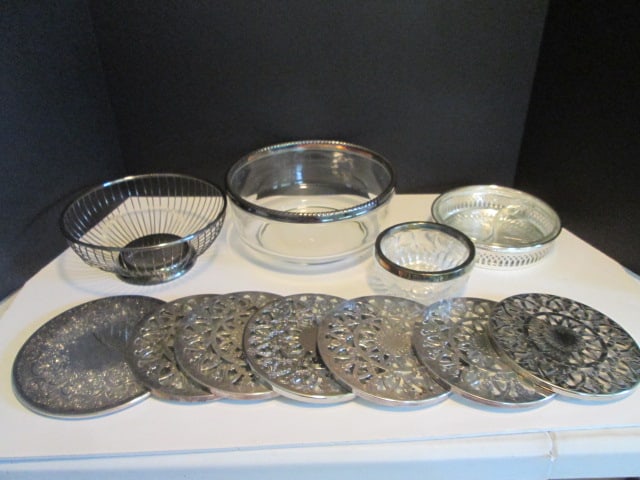Glass Serving Bowls with Silverplated Rims and Silverplated Overlay Glass Trivets: .