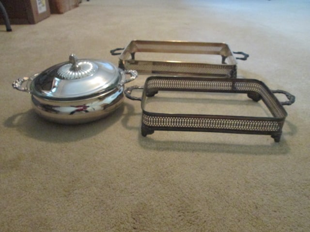 Two Silverplated Rectangular Serving Dish Stands and Round Covered Serving Dish: with Pyrex Bowl