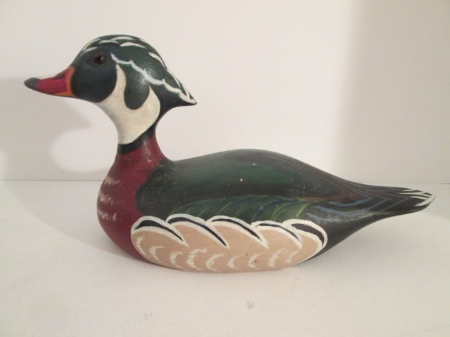 1979 Signed "MG" Handpainted Carved Drake Wood Duck Decoy: 12 1/2" long