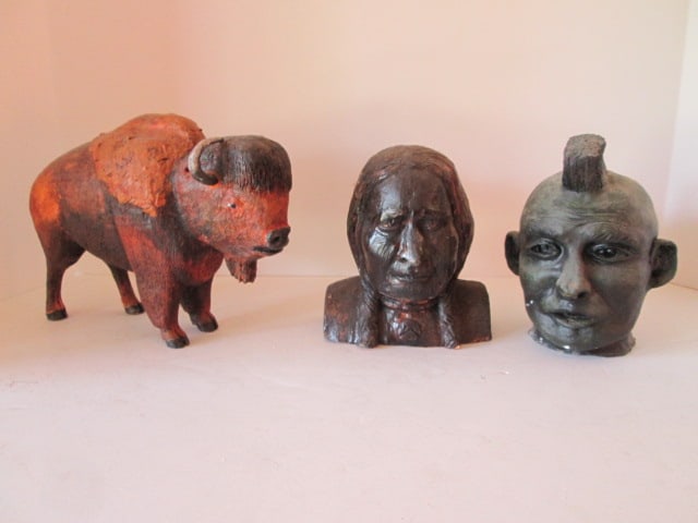 Rustic Carved Wood Folk Art Native American Bust and Buffalo and Sculpted: Native American Warrior Bust