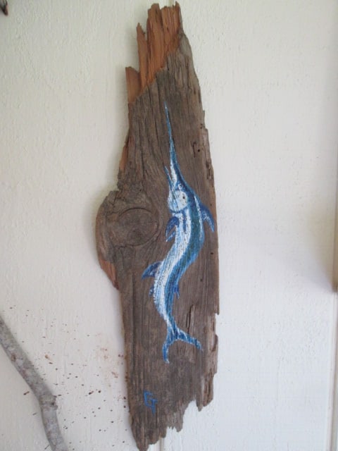 Artist Signed "GT" Sail Fish Painted on Rustic Reclaimed Wood Plank: approx. 5 1/2"w x 20"