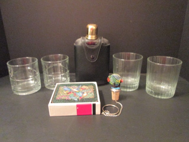 Bar Ware- Two Pair of Old Fashioned Tumblers, Pimpernel Parrot Coaster Set, (1 of 8)