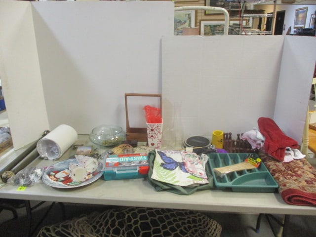 Table Lot, Curtain Rods, Decorative Pieces, Rug, First Aid Kit.: See Pictures for Details.