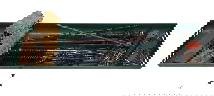 Lot of M1 Garand / Carbine Parts: Gas takedown tool, cleaning rod, sight adjuster, screws, oil tins, wood blocks, etc 