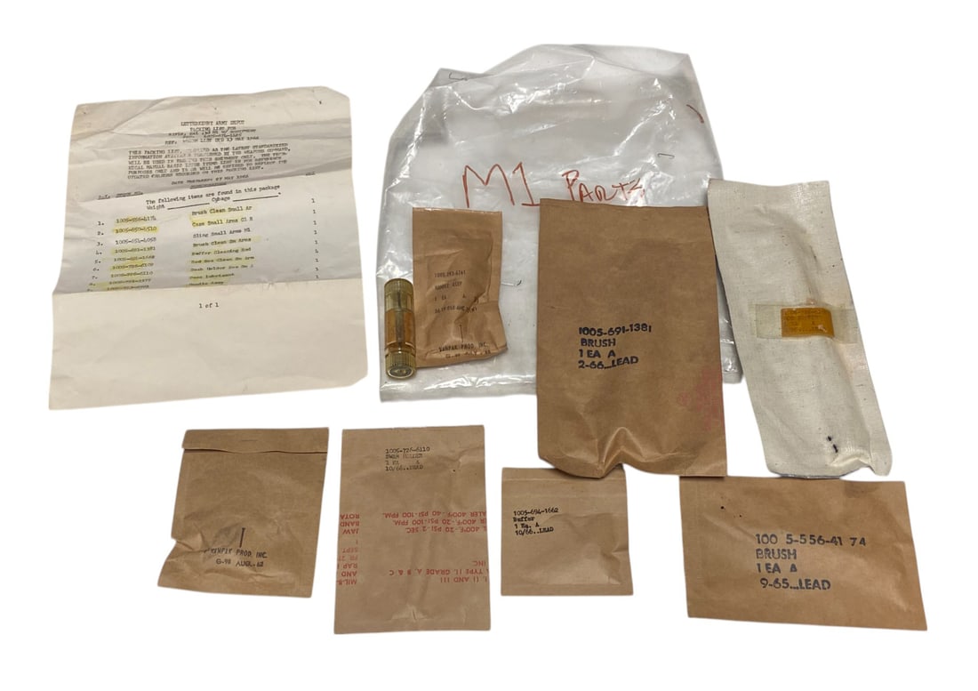 1966 Letterkenny Army Depot M1 Garand Parts & List: Dated May 13th 1966 - Cleaning brush, case, sling, buffer cleaning rod, swab holder, case lubricant, handle assembly, and etc