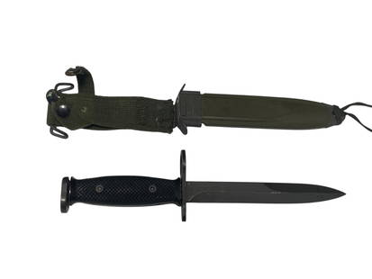 M7 Bayonet with USM8A1 Scabbard: Blade is marked US M7 MILPAR | 6 1/2” blade 11 1/2” overall | Scabbard is marked US PWH M8A1 