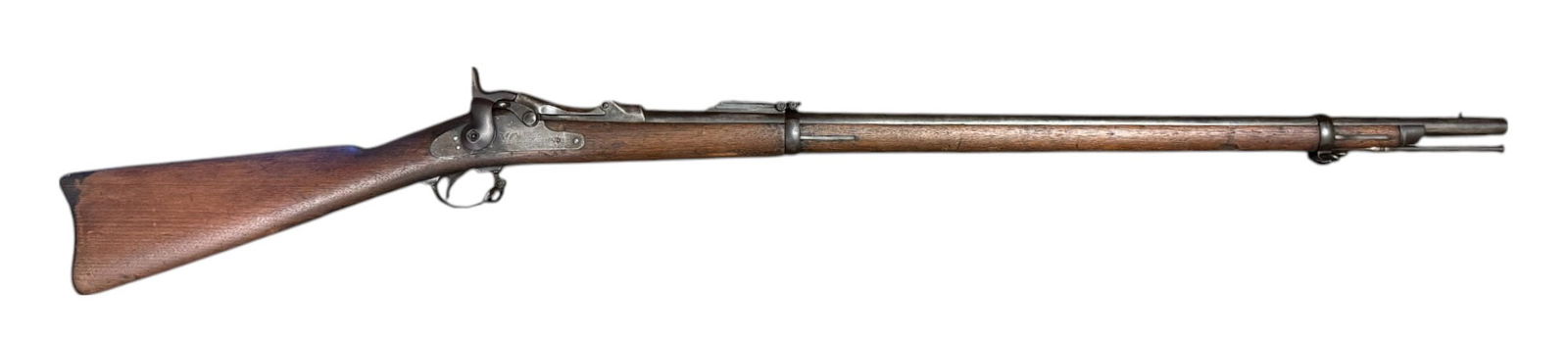 Antique Springfield US Model 1884 Trapdoor .45-70 GOVT. Rifle: S#: 416496 | 32.5" Barrel | Proofs on barrel | US stamped butt plate and U marked barrel bands | Comes with ramrod | Missing Hammer Screw |||| CONDITION: Fair. Mottle gray finish overall with some ori