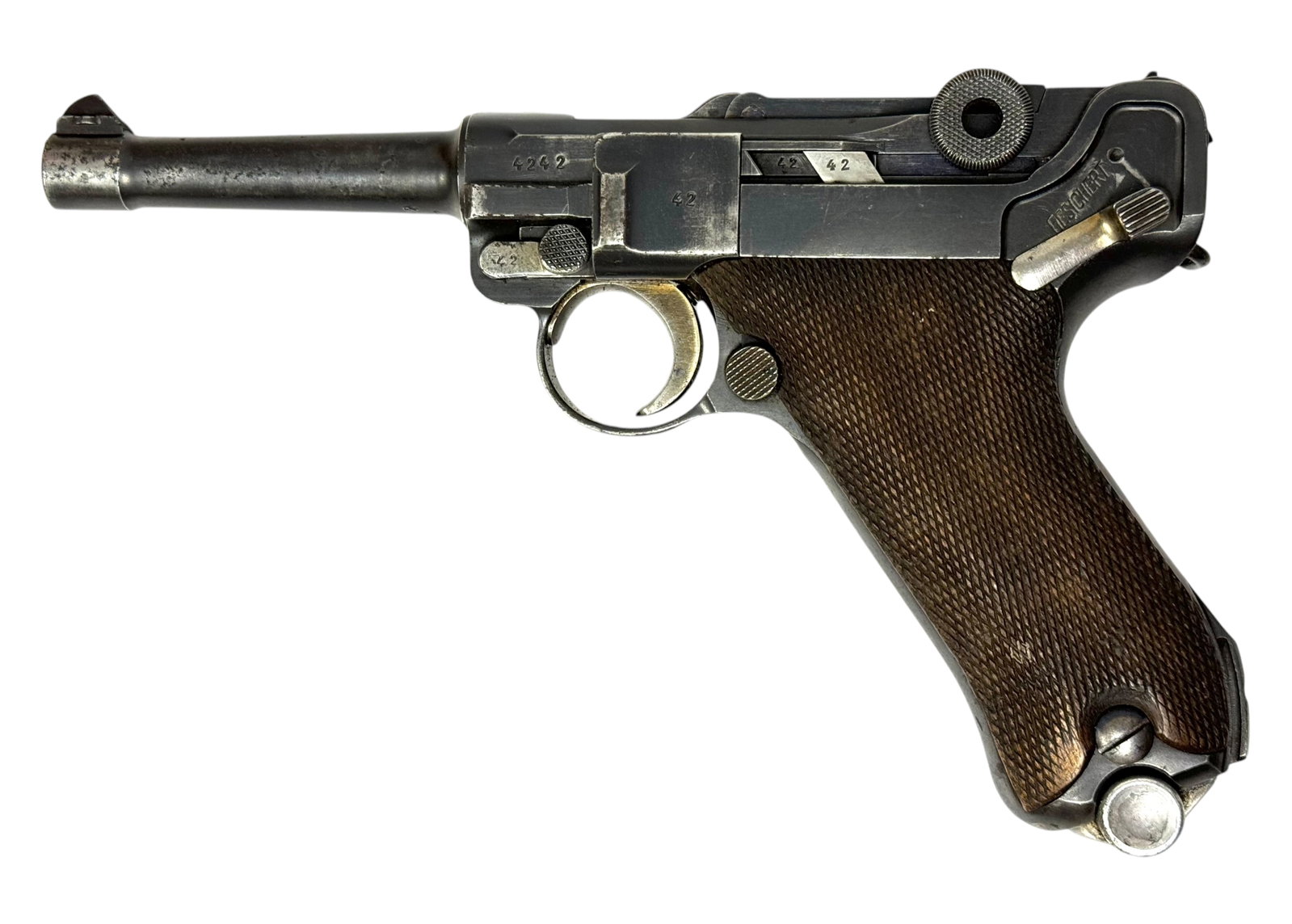 Excellent Pre-WWII Mauser "S/42" Code "1937" Date P.08 Luger Semi-Auto Pistol with Matching Magaz...: S#: 4242r | All visible serial numbers match including the magazine | Mfg. in 1937 by Mauser Factory. Pistol is complete with its original and non-altered matching numbered magazine "1937" dated chamb