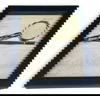 Unique German Adolf Hitler Magnifying Glass and Napkin: Adolf Hitler monogrammed Magnifying Glass with ebony & mother of pearl Handle, &#8220;ein volk, ein Reich, ein fuhrer!&#8221; Enscribed on the lens mount band. | Adolf Hitler marked napkin | Buyer be