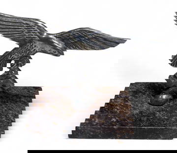German WWII Luftwaffe Hood Ornament Desk Art : German Luftwaffe Hood (car) ornament, turned into a desk art. 6&#8221; length x 3.5&#8221; height for the Eagle. Overall height with mount is 4&#8221;. Buyer be at own judgement