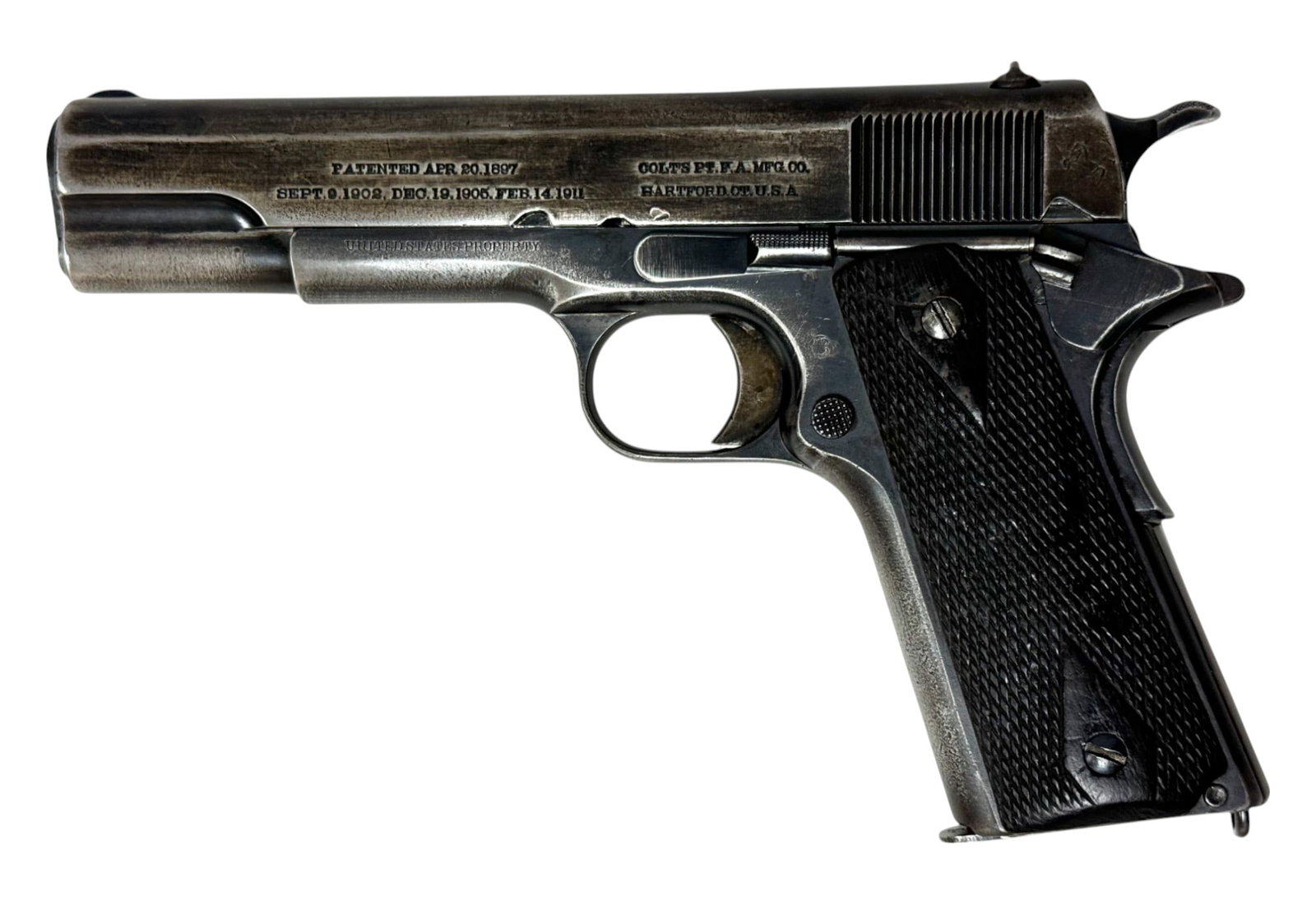 Rare Early 1913 WWI Colt 1911 .45 ACP Semi-Automatic Pistol: S#: 52765 | Mfg. 1913 | Comes with (1) Correct Two Tone Magazine marked “B” on lip | Equipped with nice HS Barrel | WGP Inspector |||| CONDITION: Very good. 70% Thinning original blue fini