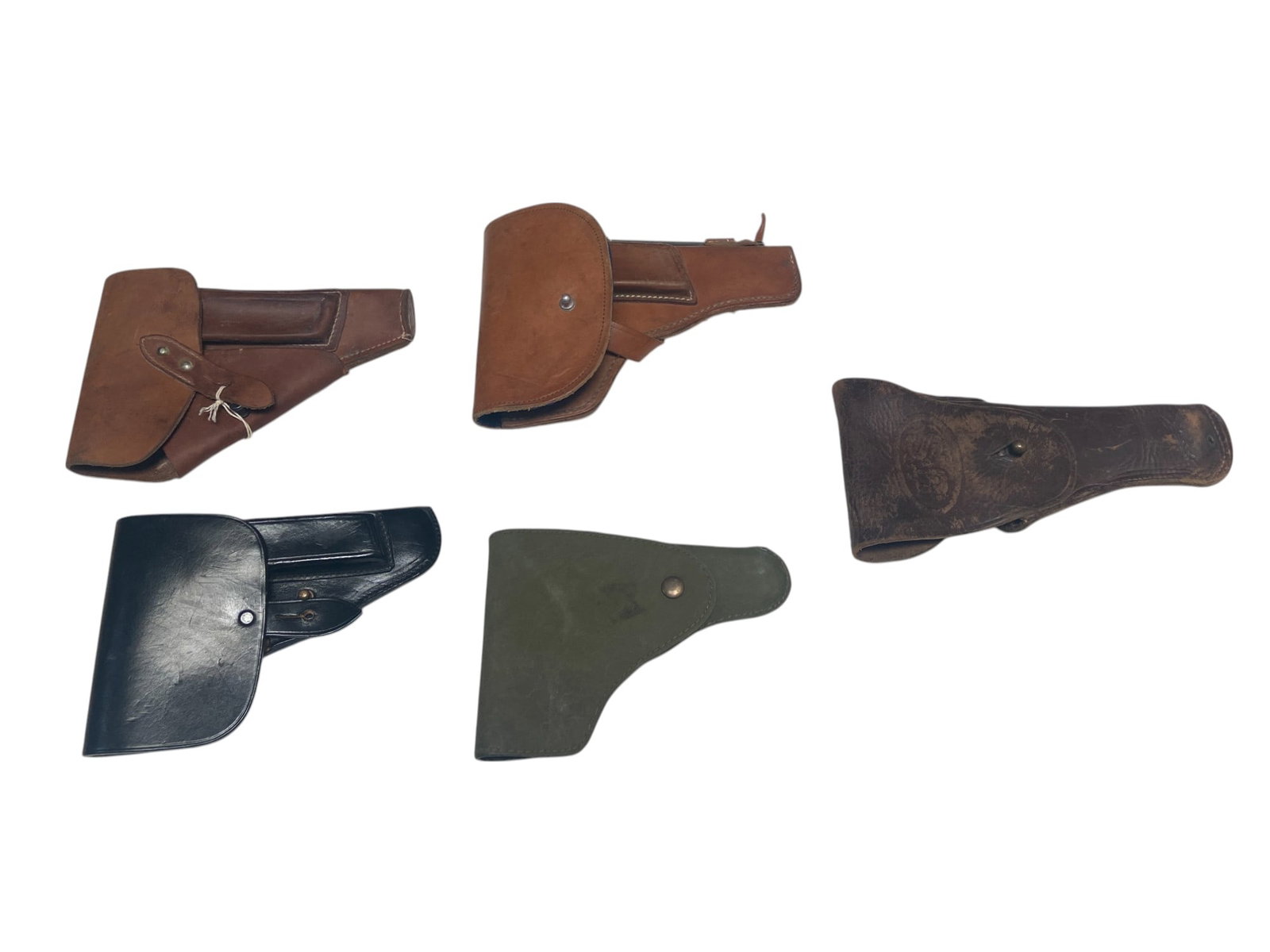 Lot of Military Holsters: Hungarian Makarov,Spanish Astra, Unknown with Cleaning Rod, US WWI Revolver, Unknown Green Nylon Military Holster