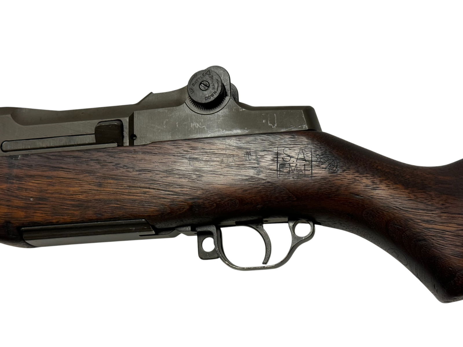 WWII 1943 Springfield Armory M1 Garand .30-06 SPRG. Semi-Automatic Rifle: S#: 1851739 (Mfg. 8/1943) | 24” SA Barrel Dated 8/43 | ME 0.2, TE 2 | Correct SA Example with modified OP-Rod | SA/E.McF. Cartouche by inspector Colonel Earl McFarland and ordnance wheel. Circle