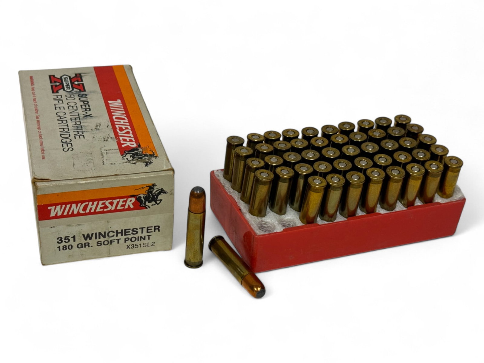 NIB Rare 50rds. of .351 WINCHESTER (.351 WSL) 180gr. SP Winchester Super-X Ammunition: Complete box of 50 rounds of incredibly hard-to-find ammunition in excellent condition