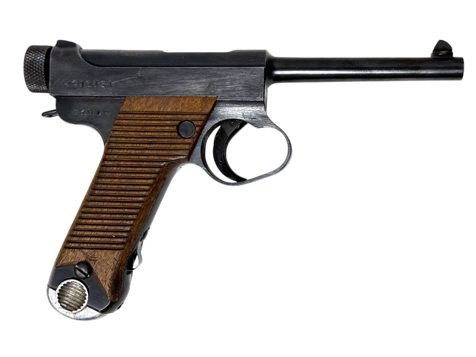 WWII Japanese Type 14 8mm NAMBU Semi-Automatic Pistol: S#: 18354 | Matching cocking knob and bolt | Showa 19.2 | Comes with (1) Non-matching magazine |||| CONDITION: Excellent. Beautiful 99% original blue finish. Nice and crisp markings. Wood grips are ex