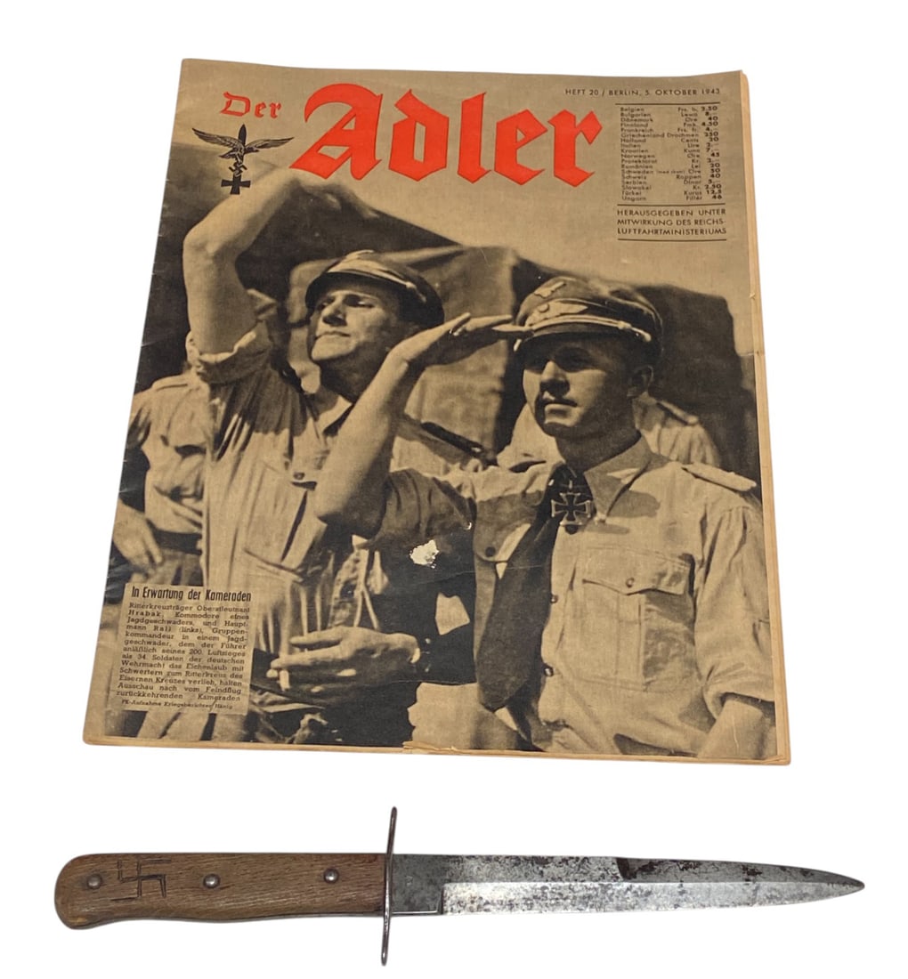 German WWII Boot Knife and German Newspaper: Boot knife has swastika etched into it and initials RR. Blade measures 6.5". Overall length is 11". Newspaper is dated 5, Oct. 1943. Newspaper is called Der Adler