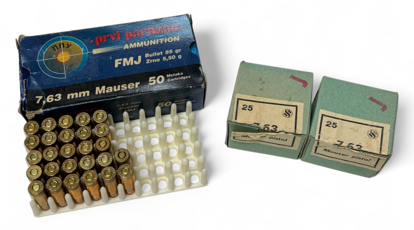 NIB 77rds. of 7.63x25mm MAUSER Ammunition: 2 Boxes of S&B 25 Rounds Totaling 50 rounds and 2 extra rounds in the PPU box for a total of 52 S&B Rounds and 25 Rounds of PPU 85gr. FMJ Ammo
